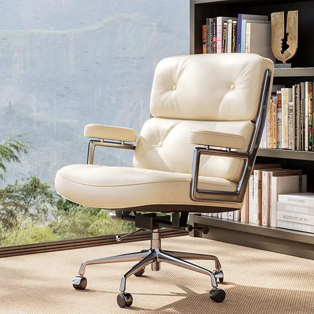 Alt view image 3 of 7 - Genuine Leather Office Chair, Mid Back Executive Desk Chairs with Aluminum Arms and Wheels, Swivel Office Leather Chair with Thickened Backrest and Ergonomic Lumbar Support, White