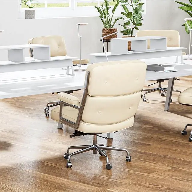 Alt view image 4 of 7 - Genuine Leather Office Chair, Mid Back Executive Desk Chairs with Aluminum Arms and Wheels, Swivel Office Leather Chair with Thickened Backrest and Ergonomic Lumbar Support, White