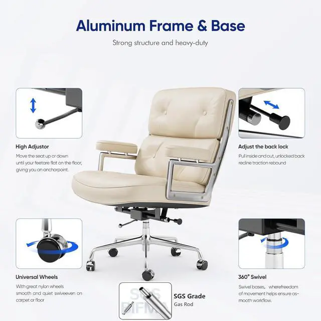 Alt view image 7 of 7 - Genuine Leather Office Chair, Mid Back Executive Desk Chairs with Aluminum Arms and Wheels, Swivel Office Leather Chair with Thickened Backrest and Ergonomic Lumbar Support, White