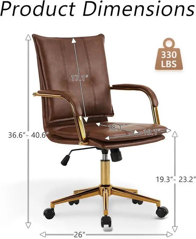Alt view image 2 of 7 - MOJAY Mid-Back Ergonomic Leather Office Chair, Modern Upholstered Executive Desk Chair with Gold Frame Armrest Computer Task Chair (Camel)