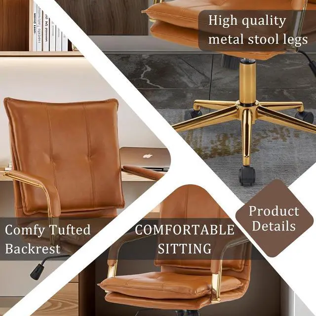 Alt view image 7 of 7 - MOJAY Mid-Back Ergonomic Leather Office Chair, Modern Upholstered Executive Desk Chair with Gold Frame Armrest Computer Task Chair (Camel)