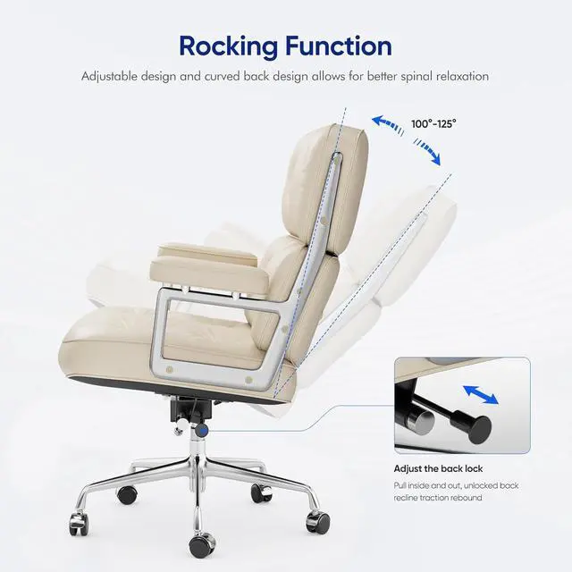 Alt view image 6 of 7 - Genuine Leather Office Chair, Mid Back Executive Desk Chairs with Aluminum Arms and Wheels, Swivel Office Leather Chair with Thickened Backrest and Ergonomic Lumbar Support, White