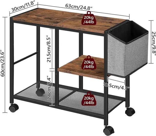 Alt view image 3 of 7 - MAHANCRIS Printer Stand with Storage Bag, 3-Tier Mobile Under Desk Printer Cart with Wheels, Wood Rolling Printer Table, Organizer Shelf for Study, Office, Living Room, Rustic Brown PTHR2201