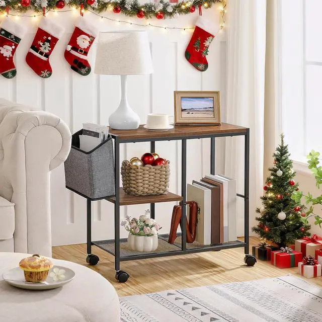 Alt view image 4 of 7 - MAHANCRIS Printer Stand with Storage Bag, 3-Tier Mobile Under Desk Printer Cart with Wheels, Wood Rolling Printer Table, Organizer Shelf for Study, Office, Living Room, Rustic Brown PTHR2201