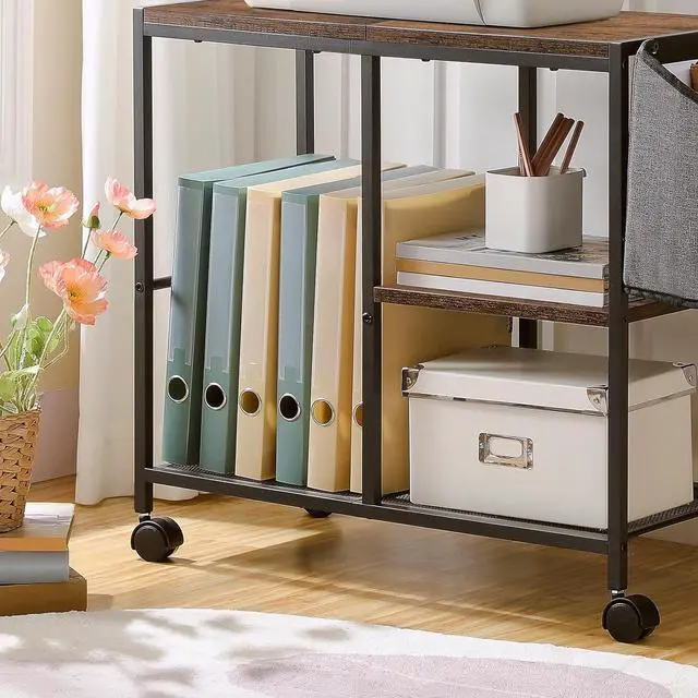 Alt view image 7 of 7 - MAHANCRIS Printer Stand with Storage Bag, 3-Tier Mobile Under Desk Printer Cart with Wheels, Wood Rolling Printer Table, Organizer Shelf for Study, Office, Living Room, Rustic Brown PTHR2201