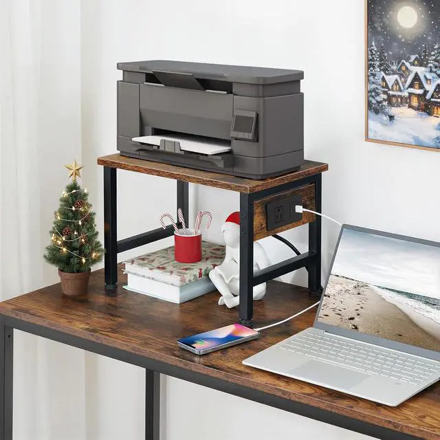 Alt view image 4 of 7 - HOOBRO Printer Stand for Desk, Desktop Printer Stand with Charging Station, Small Printer Table with Storage Hook, Under Desk Printer Cart, File Rack for Home Office BF01UPS01