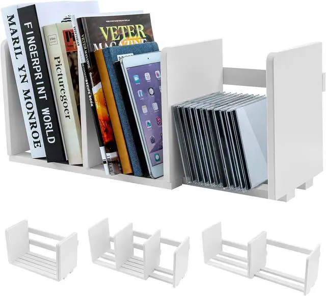 Main image of MyGift White Wood Desktop Bookshelf Organizer, Expandable Adjustable Rack
