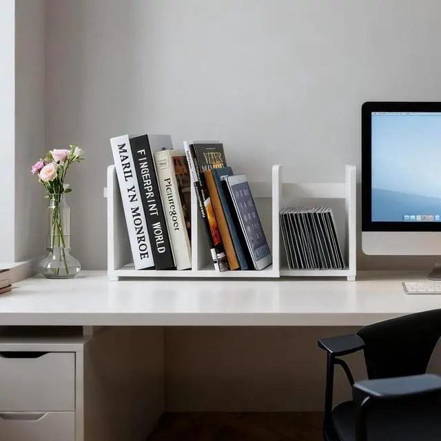 Alt view image 2 of 7 - MyGift White Wood Desktop Bookshelf Organizer, Expandable Adjustable Rack