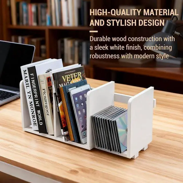 Alt view image 5 of 7 - MyGift White Wood Desktop Bookshelf Organizer, Expandable Adjustable Rack