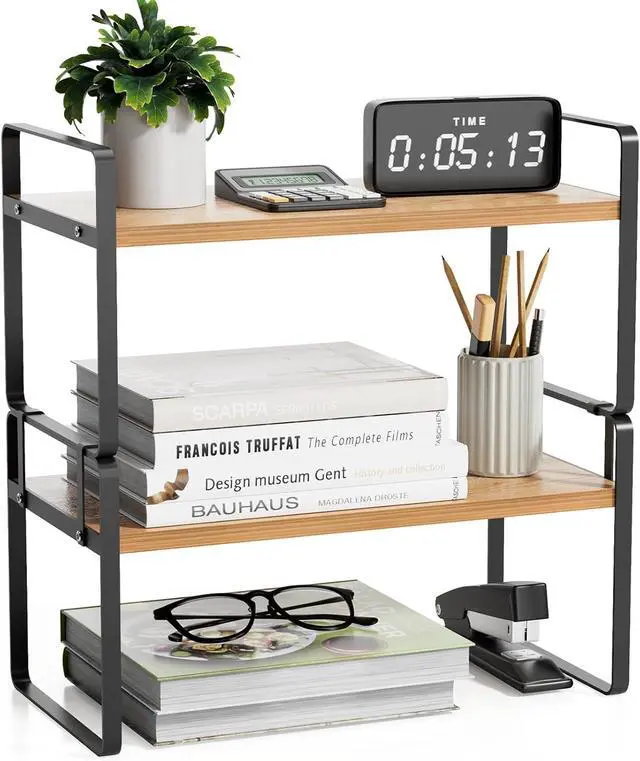 Main image of YGYQZ Desk Shelf Organizer, 2-Tier Desktop Bookshelf, Black & Wood