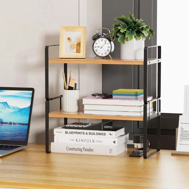 Alt view image 2 of 7 - YGYQZ Desk Shelf Organizer, 2-Tier Desktop Bookshelf, Black & Wood