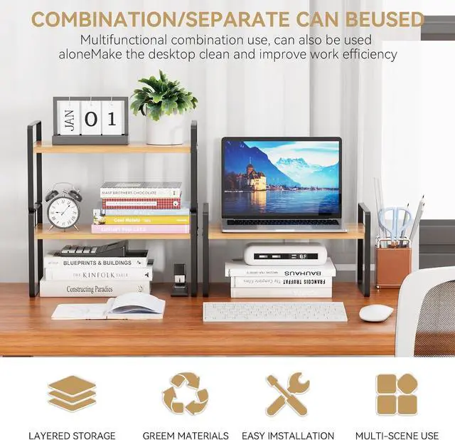 Alt view image 6 of 7 - YGYQZ Desk Shelf Organizer, 2-Tier Desktop Bookshelf, Black & Wood