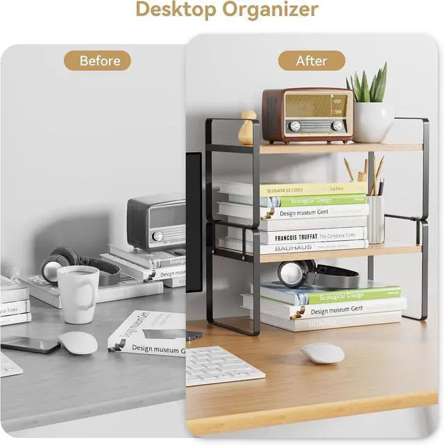 Alt view image 7 of 7 - YGYQZ Desk Shelf Organizer, 2-Tier Desktop Bookshelf, Black & Wood