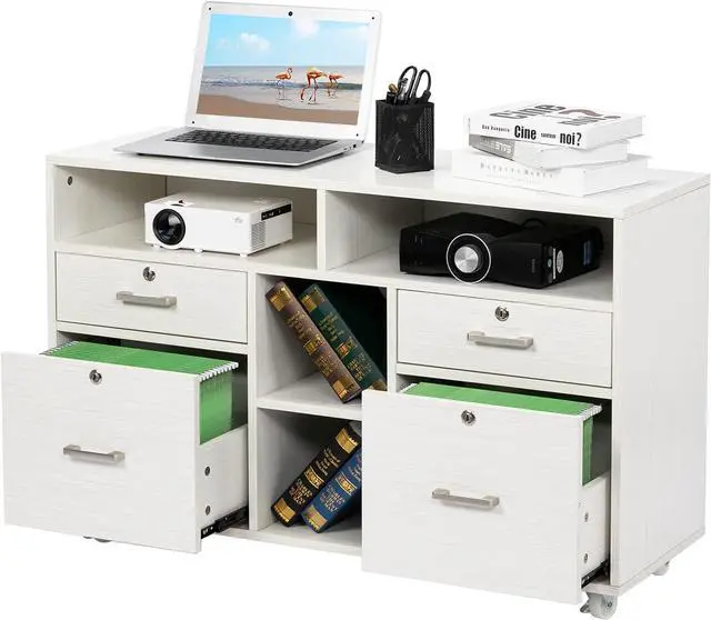 Main image of VINGLI Wood Mobile File Cabinet with 4 Drawers and Shelves, Printer Stand with Open Storage, Lockable Lateral Filing Cabinet for Home Office, Assembly Required, Light Beige Close to White