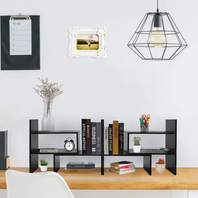Alt view image 6 of 7 - Hossejoy Desk Shelf, Adjustable Desktop Storage Organizer, Wood Display Shelf Rack, Office Supplies Desk Organizer, Black