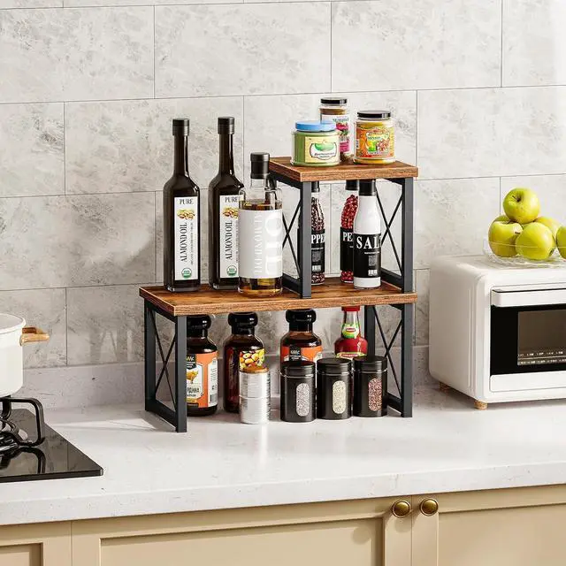 Alt view image 6 of 7 - Honiter Desk Shelf Organizer, Desk Shelf for Top of Desk, 2 Tier Adjustable Small Bookshelf Organizer, Freestanding Stackable Desktop Stand, Kitchen Counter Display Rack, Rustic Brown