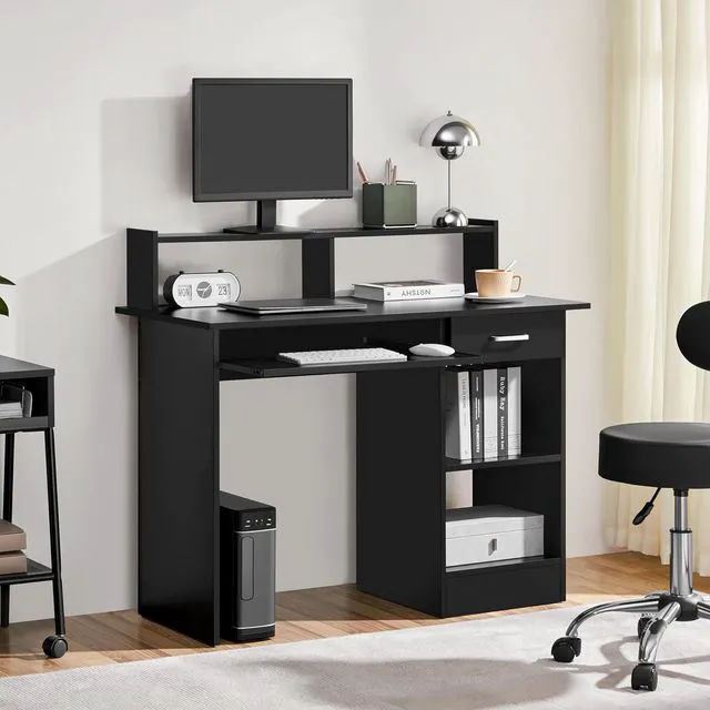 Alt view image 2 of 7 - Yaheetech Computer Desk with Keyboard Tray, Drawers, and Shelves, Black