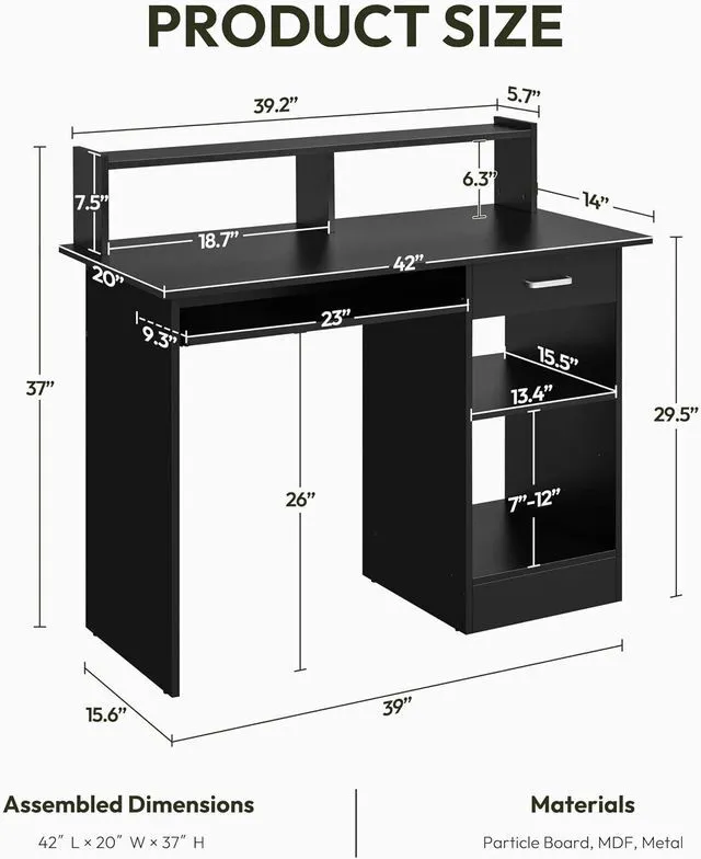 Alt view image 3 of 7 - Yaheetech Computer Desk with Keyboard Tray, Drawers, and Shelves, Black
