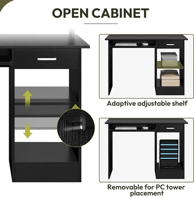 Alt view image 6 of 7 - Yaheetech Computer Desk with Keyboard Tray, Drawers, and Shelves, Black