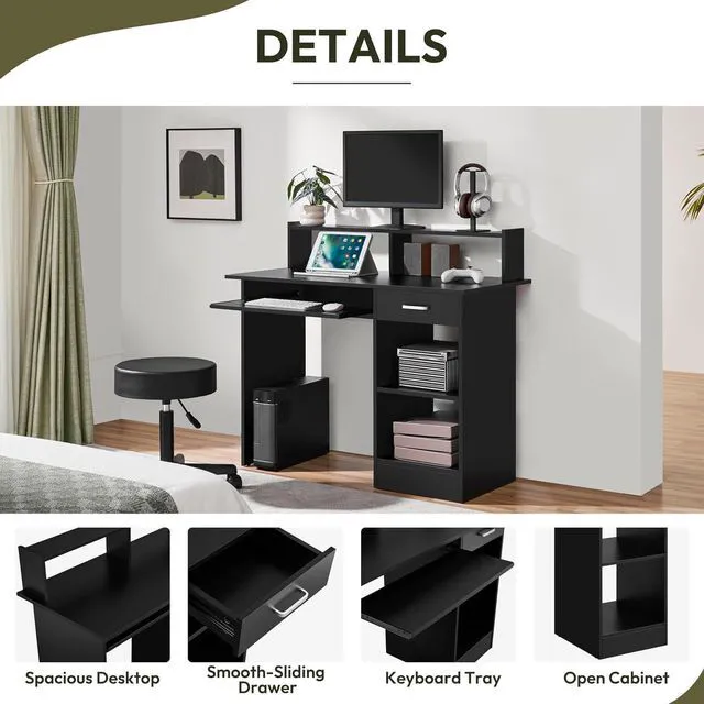 Alt view image 7 of 7 - Yaheetech Computer Desk with Keyboard Tray, Drawers, and Shelves, Black