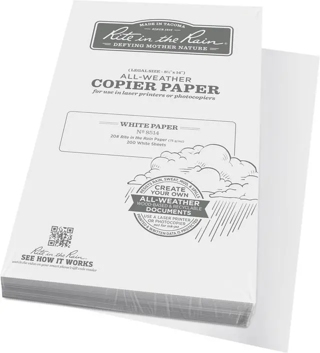 Main image of Rite In The Rain Weatherproof Copier Paper, 8.5" x 14", 20# White, 200 Sheet Pack (No. 8514)
