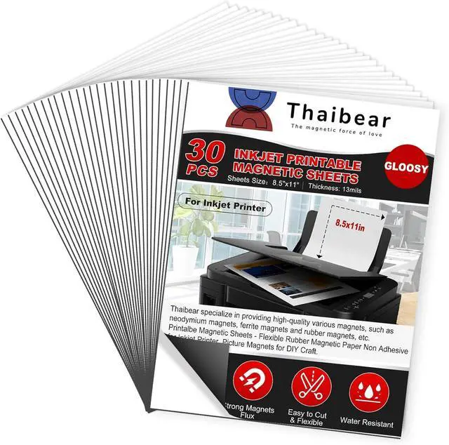 Main image of Thaibear Printable Magnetic Sheets, 8.5" x 11", 30 Pack Glossy Magnet Printer Paper for Inkjet, Flexible Magnetic Printer Paper for Fridge, Crafts - Peel and Stick Magnetic Tape