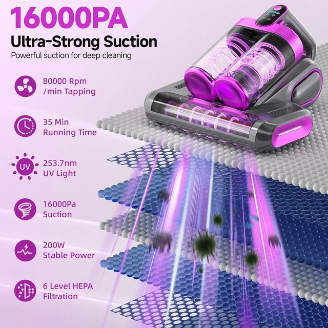 Alt view image 2 of 6 - Mattress Vacuum Cleaner - 16Kpa Bed Vacuum with 253.7nm UV-C Light, 140°F Heat, Ultrasonic Tech & Hepa Filter, Portable Handheld Couch Cleaners for Pet Carpet Sofa Hair Home, Purple-Cordless