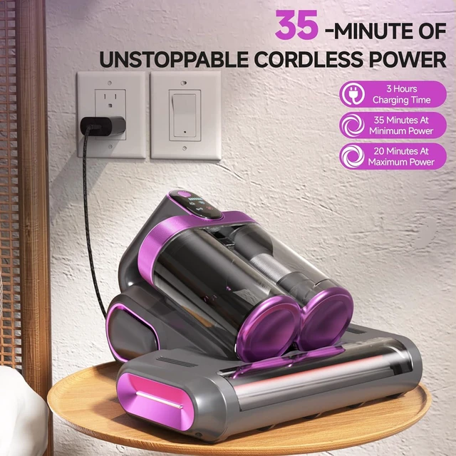 Alt view image 3 of 6 - Mattress Vacuum Cleaner - 16Kpa Bed Vacuum with 253.7nm UV-C Light, 140°F Heat, Ultrasonic Tech & Hepa Filter, Portable Handheld Couch Cleaners for Pet Carpet Sofa Hair Home, Purple-Cordless
