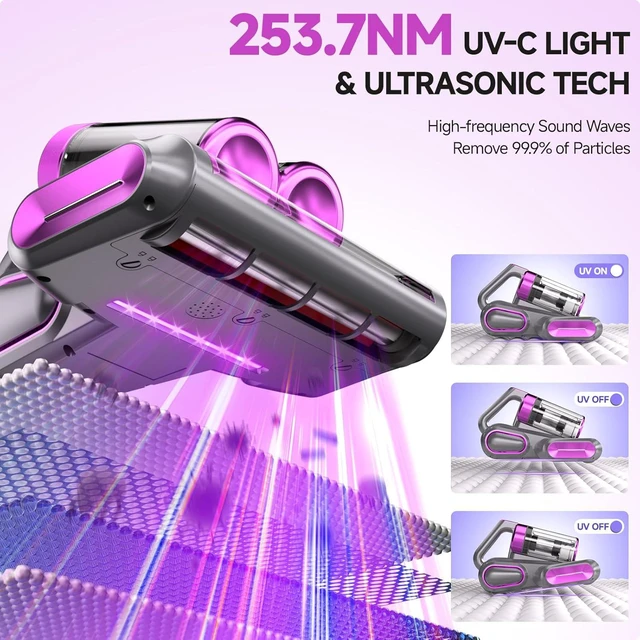 Alt view image 4 of 6 - Mattress Vacuum Cleaner - 16Kpa Bed Vacuum with 253.7nm UV-C Light, 140°F Heat, Ultrasonic Tech & Hepa Filter, Portable Handheld Couch Cleaners for Pet Carpet Sofa Hair Home, Purple-Cordless