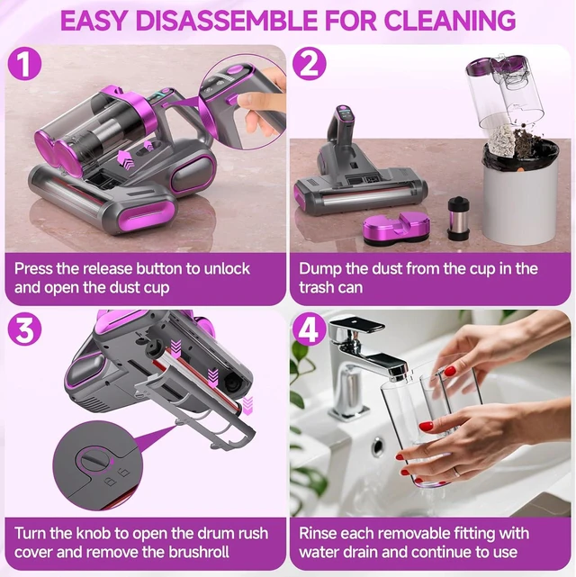 Alt view image 6 of 6 - Mattress Vacuum Cleaner - 16Kpa Bed Vacuum with 253.7nm UV-C Light, 140°F Heat, Ultrasonic Tech & Hepa Filter, Portable Handheld Couch Cleaners for Pet Carpet Sofa Hair Home, Purple-Cordless