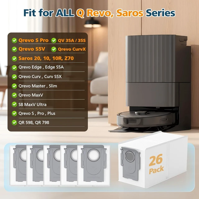 Alt view image 2 of 7 - 26 Pack QRevo Dust Bags for Roborock Qrevo S Pro, QV 35A, Qrevo S5V