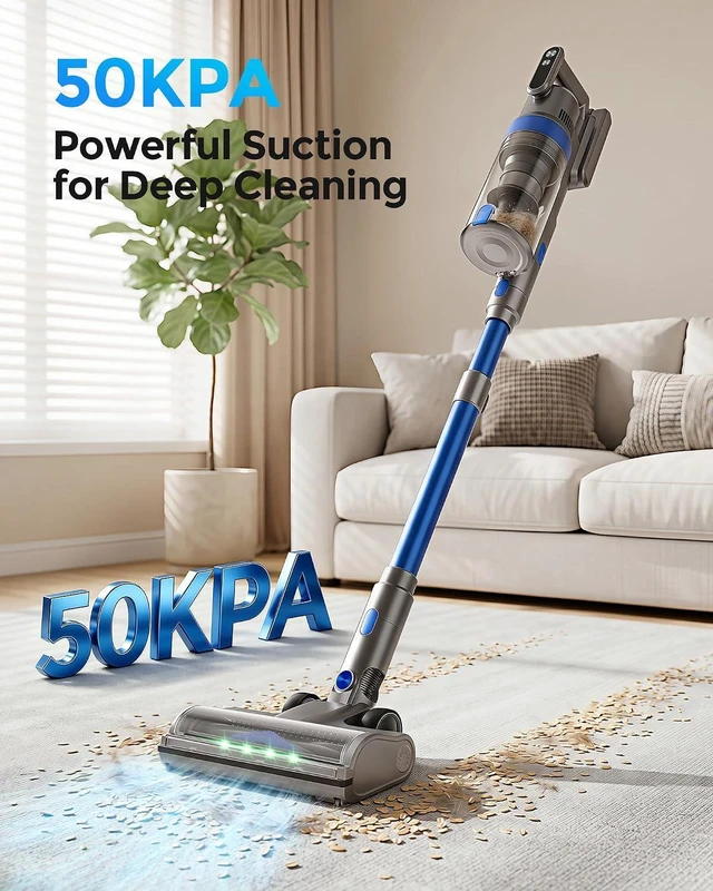 Alt view image 2 of 7 - Cordless Vacuum Cleaner, 50KPa 60Mins Self-Standing Stick Vacuum Cordless with Anti-Tangle Brush,Touch Screen,Lightweight & Portable,Vacuum Cleaners for Home,Pet Hair,Carpet, Hard Floor Blue