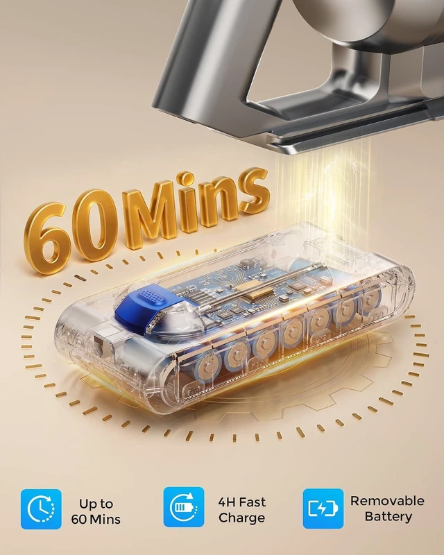 Alt view image 4 of 7 - Cordless Vacuum Cleaner, 50KPa 60Mins Self-Standing Stick Vacuum Cordless with Anti-Tangle Brush,Touch Screen,Lightweight & Portable,Vacuum Cleaners for Home,Pet Hair,Carpet, Hard Floor Blue