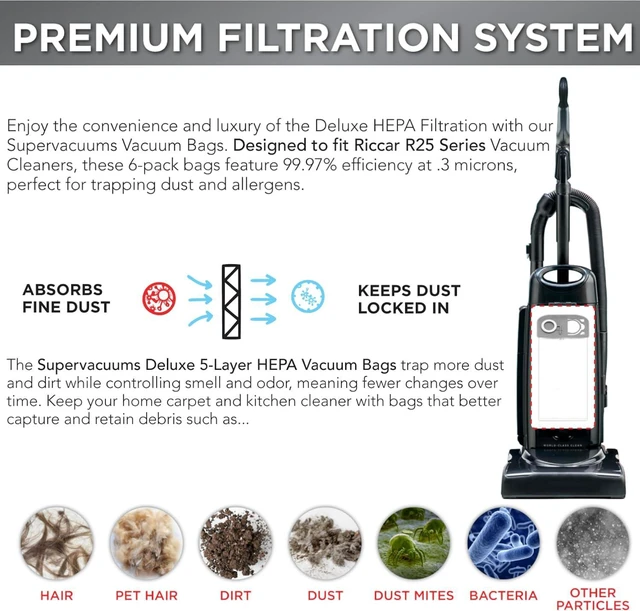 Alt view image 2 of 6 - Deluxe HEPA Vacuum Cleaner Bags for Riccar R25 &R27 Series Upright Vacuum Cleaners | Heavy Duty Upright Vacuum Bags with Easy Install No-Rip Gray Collar | 99.97% Filtration Bag | 6-Pack