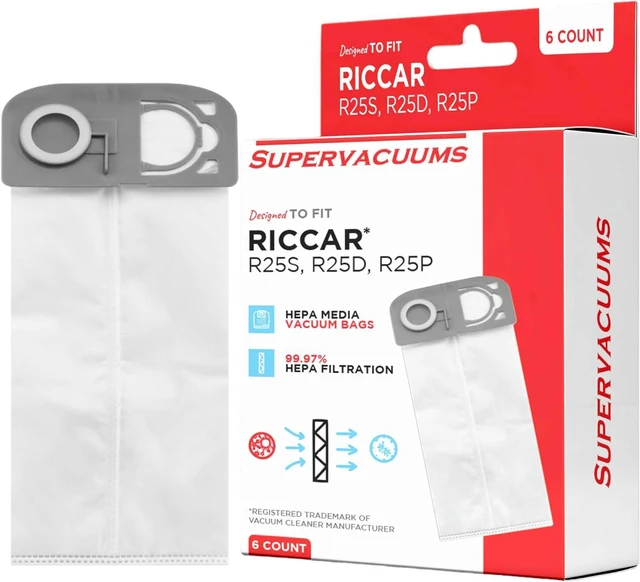 Main image of Deluxe HEPA Vacuum Cleaner Bags for Riccar R25 &R27 Series Upright Vacuum Cleaners | Heavy Duty Upright Vacuum Bags with Easy Install No-Rip Gray Collar | 99.97% Filtration Bag | 6-Pack