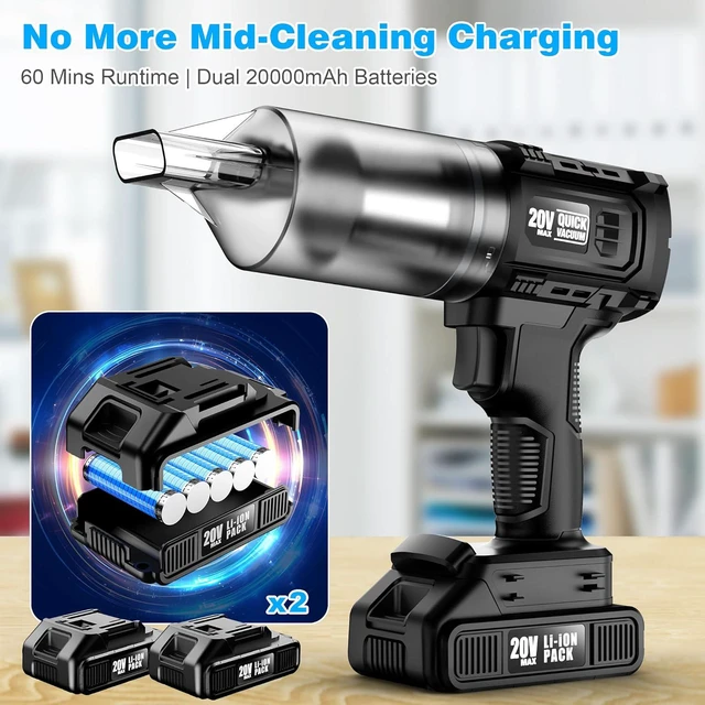Alt view image 3 of 7 - Car Vacuum Cordless, 35000PA Strong Suction Handheld Vacuum with 2 Detachable Batteries, 60Min Runtime Portable Vacuum Cleaner for Car Detailing, Pet Hair, Home Couch & Office, 350ML XL Dust Cup