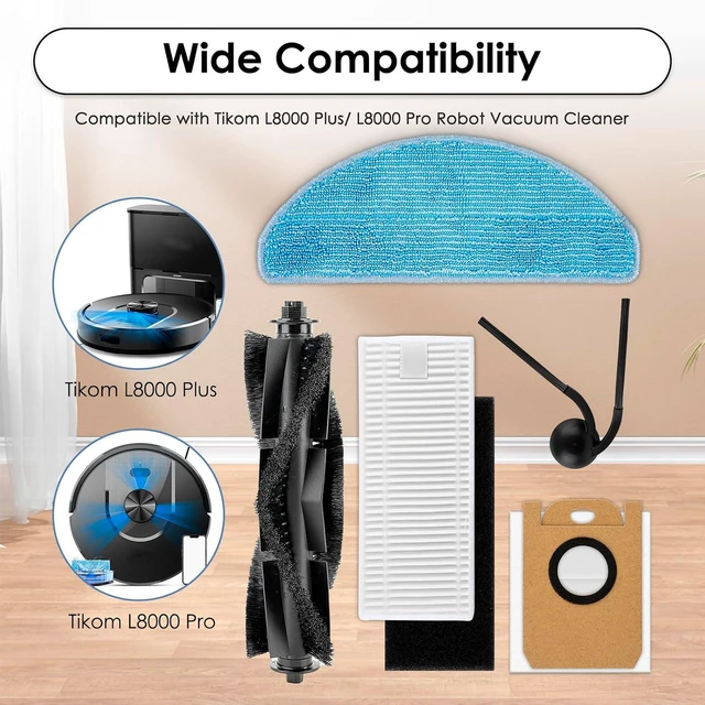 Alt view image 7 of 7 - (20 Pack) L8000 Plus Replacement Parts Compatible with Tikom L8000 Plus Robot Vacuum Cleaner, 1 Roller Brush, 6 Side Brushes, 4 HEPA Filters, 5 Dust Bags, 4 Mop Pads, Accessories Kit