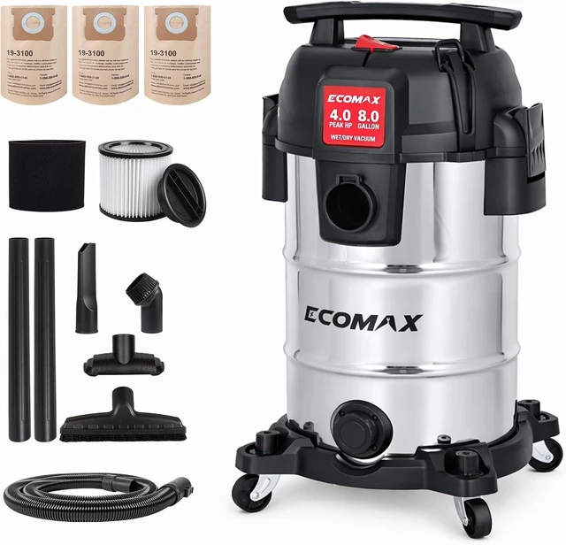 Main image of ECOMAX 8 Gallon Ultra Quiet Stainless Steel Shop Vacuum Wet and Dry