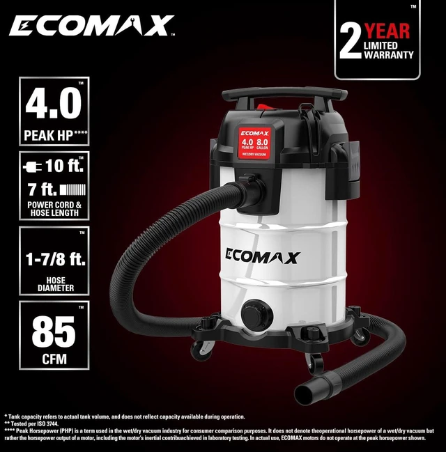 Alt view image 3 of 7 - ECOMAX 8 Gallon Ultra Quiet Stainless Steel Shop Vacuum Wet and Dry