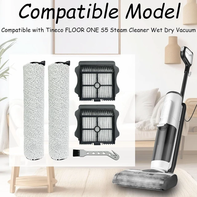 Alt view image 2 of 7 - Brush Rollers and Filters Replacement Compatible with Tineco FLOOR ONE S5 Steam Cleaner Wet Dry Vacuum All-in-One, 2 Brush Rollers + 2 Vacuum Filters + 1 Cleaning Tool
