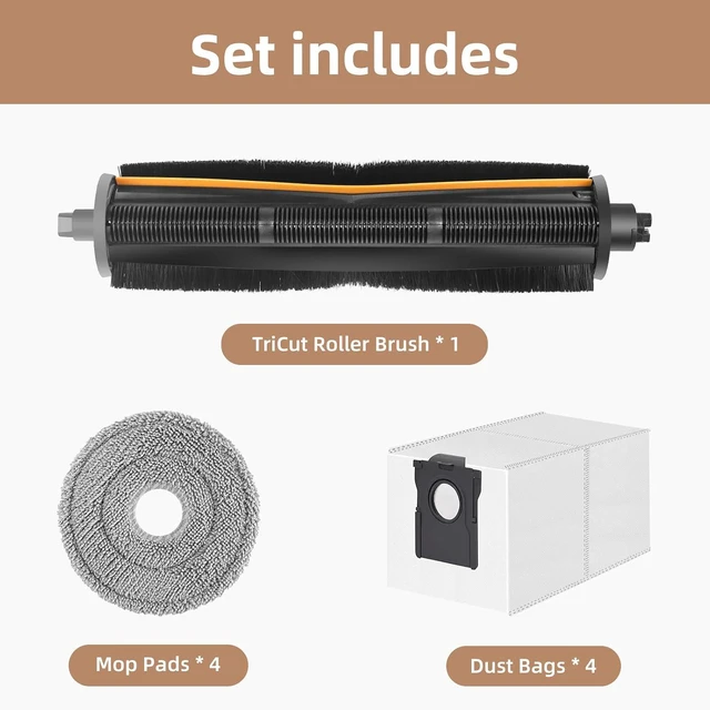 Alt view image 3 of 7 - TriCut Brush Accessories Replacement Parts for Dreame X40 Ultra/ X30 Ultra/ L30 Ultra/ L10s Ultra/ L20 Ultra/ L10s Pro/ L40 Ultra, MOVA P10 / P10 Pro/ P50 Pro, includes 4 mop cloths, 4 dust bags