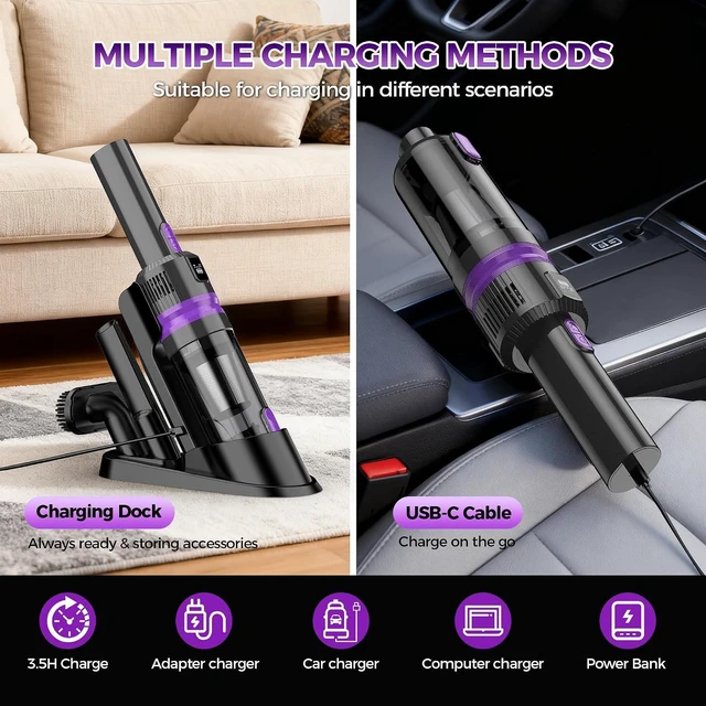 Alt view image 4 of 7 - Handheld Vacuum Cordless Rechargeable 2-Speed Modes| 3-in-1 Portable Cordless Vacuum Cleaner with Charging Dock, for Car Home Office and Pet Hair (Purple)