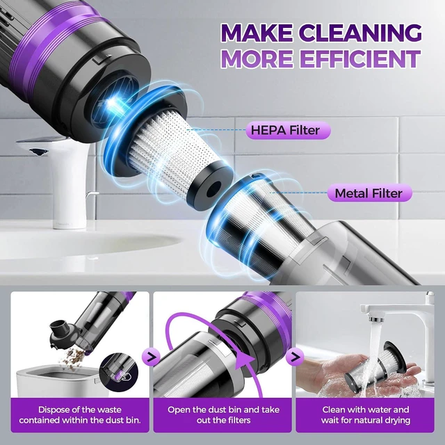 Alt view image 7 of 7 - Handheld Vacuum Cordless Rechargeable 2-Speed Modes| 3-in-1 Portable Cordless Vacuum Cleaner with Charging Dock, for Car Home Office and Pet Hair (Purple)