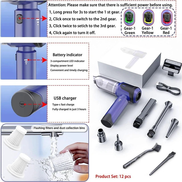 Alt view image 6 of 6 - Car Vacuum Portable Cordless, 20000PA 120W 4 in 1 High Power Handheld Cordless Vacuum Cleaner & Air Duster,Air Blower,Multi-Nozzles,Brushless Motor 3-Speed Modes,for Car, Home, Pet,Office & Camping
