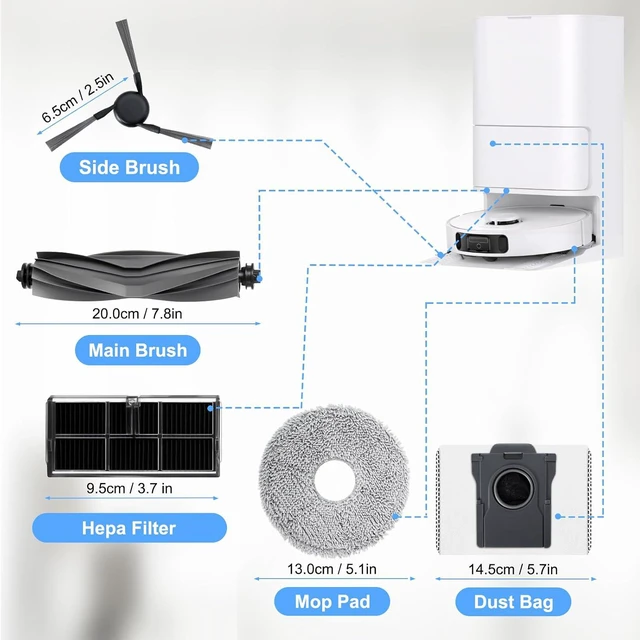 Alt view image 2 of 7 - Accessory Set for Mova E40 Ultra Robot Vacuum Cleaner Replacement Parts. 1 Main Brush, 4 HEPA Filters, 4 Wiper Pads, 4 Side Brushes, 4 Dust Bags, 1 Brush