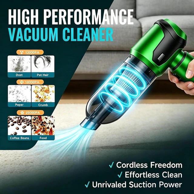 Alt view image 2 of 6 - Handheld Vacuum Cleaner Car Cordless, 26000Pa 4-in-1 Powerful Car Vacuum Cleaner, Portable Mini Vacuum Air Duster, 3 Speed Vacuum for Car, Home, Pet Hair, Green