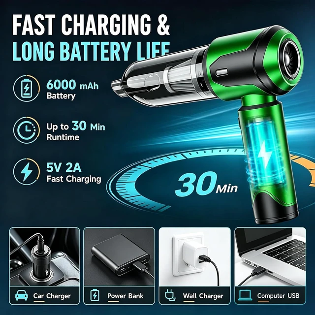 Alt view image 3 of 6 - Handheld Vacuum Cleaner Car Cordless, 26000Pa 4-in-1 Powerful Car Vacuum Cleaner, Portable Mini Vacuum Air Duster, 3 Speed Vacuum for Car, Home, Pet Hair, Green