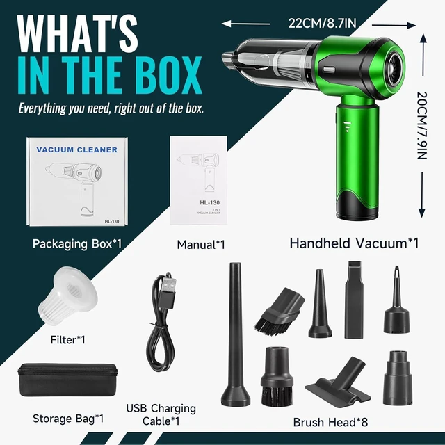 Alt view image 5 of 6 - Handheld Vacuum Cleaner Car Cordless, 26000Pa 4-in-1 Powerful Car Vacuum Cleaner, Portable Mini Vacuum Air Duster, 3 Speed Vacuum for Car, Home, Pet Hair, Green