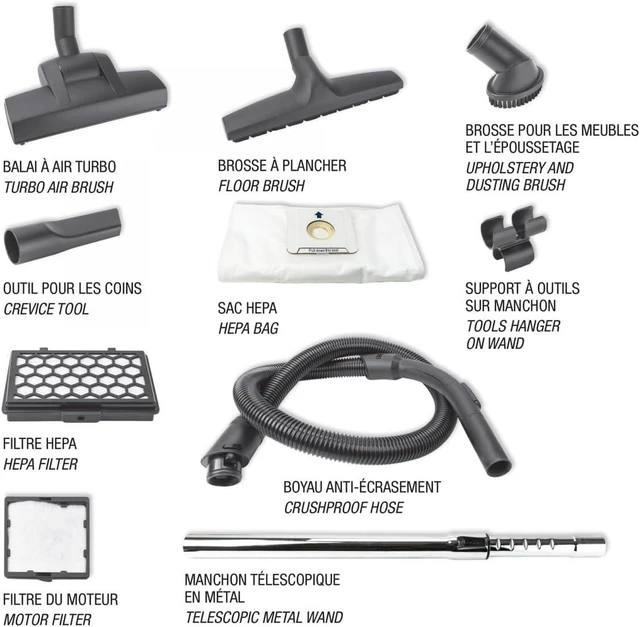 Alt view image 7 of 7 - Johnny Vac Canister Vacuum Silenzio - HEPA Filtration - HEPA Bag - Wessel-Werk Turbo Air Nozzle - Telescopic Handle - Set of Brushes
