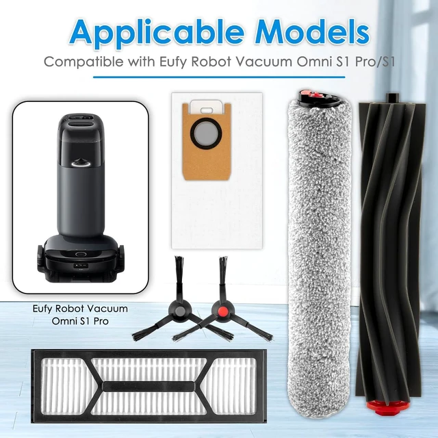 Alt view image 6 of 7 - (20 Pack) Omni S1 Pro Replacement Parts Compatible with Eufy Omni S1 Pro Robot Vacuum Cleaner, Accessories Kit, 2 Rubber Roller Brushes, 2 Roller Mops, 6 Side Brushes, 5 Dust Bags, 5 HEPA Filters